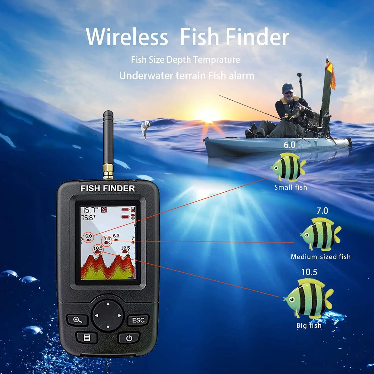 Portable Wireless Sonar Fish Finder with LCD Display - 100m Range