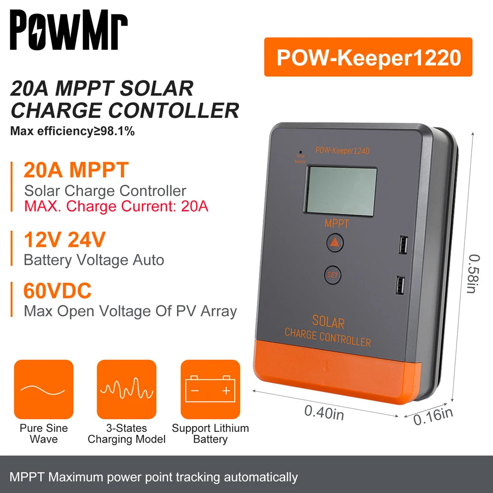 PowMr MPPT Solar Charge Controller &ndash; LCD Display, 12V-48V