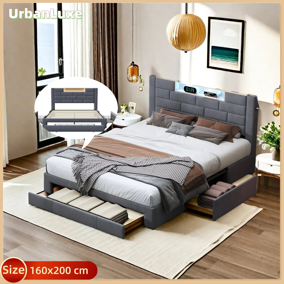 Urban Luxe Velvet Gray Bed 160x200 Slatted Drawers USB LED