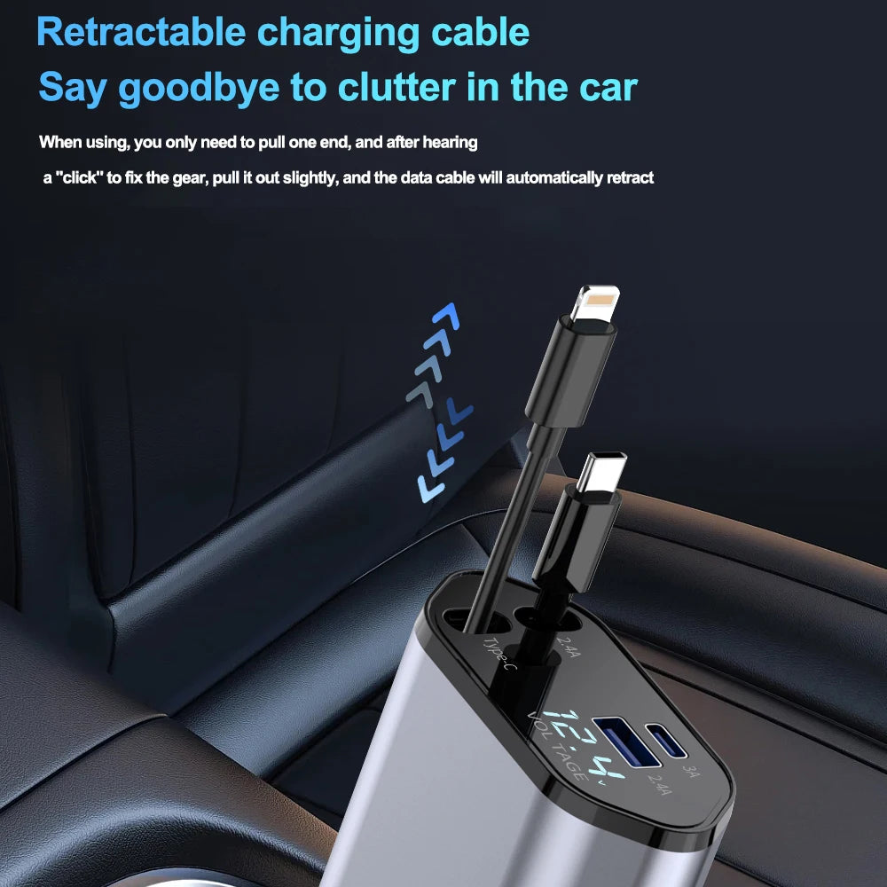 4 in 1 Retractable Car Charger Wired 120W &ndash; Super Fast Charging for Multiple Devices