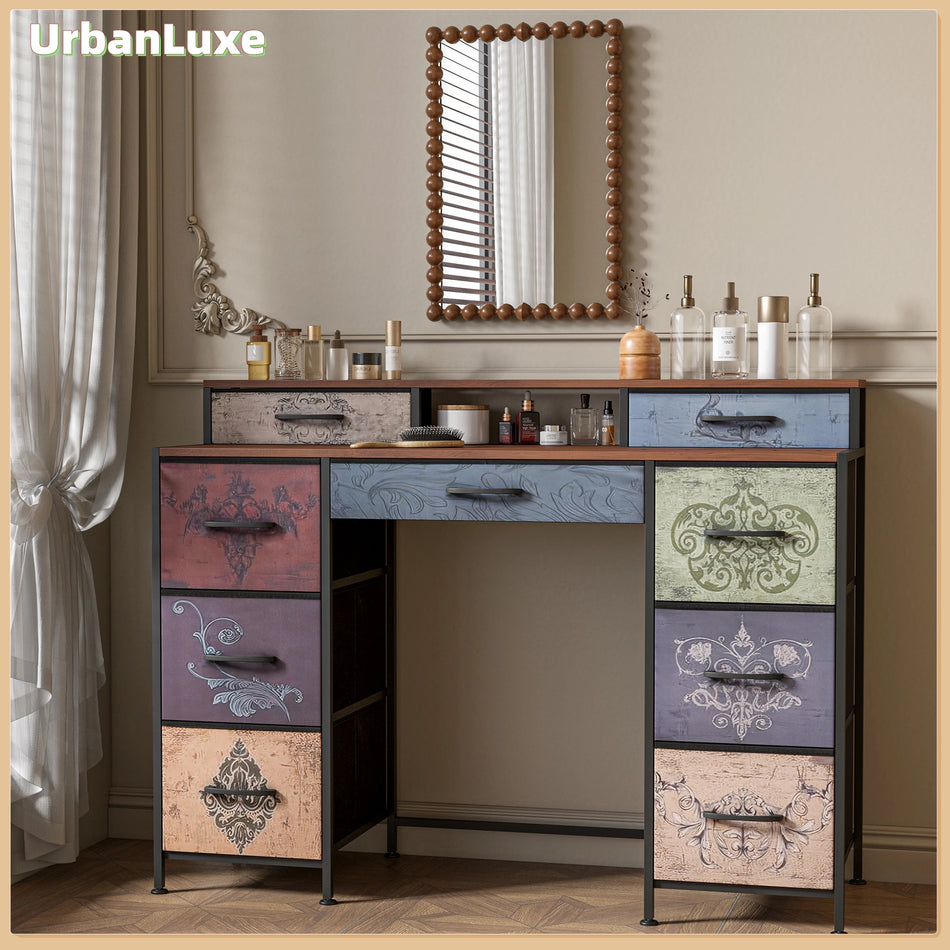 Kaupunkityylinen luksusmeikkipöytä, jossa on yhdeksän laatikkoa ja säilytystilaa
