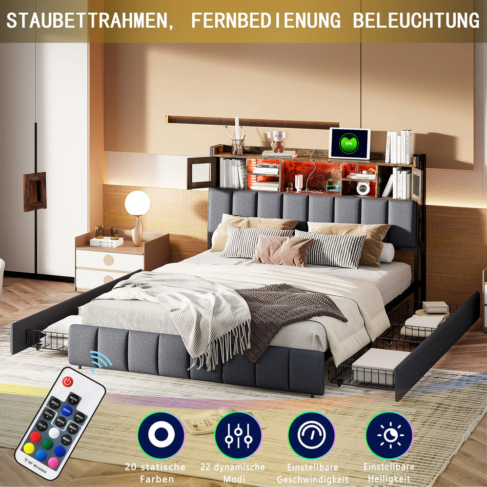 Urban Luxe Postelja 140x200 S Shranjevanjem 4 Predali LED Svetloba