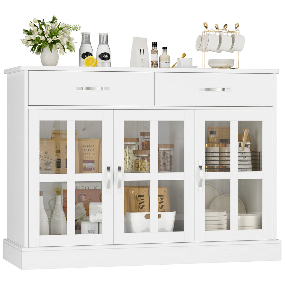 Getone White Kitchen Sideboard 3 Drawers Glass Doors