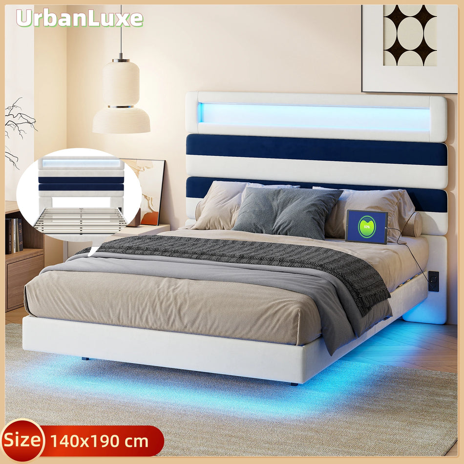 Urban Luxe Velvet Bed 140x190 Slatted Frame LED USB