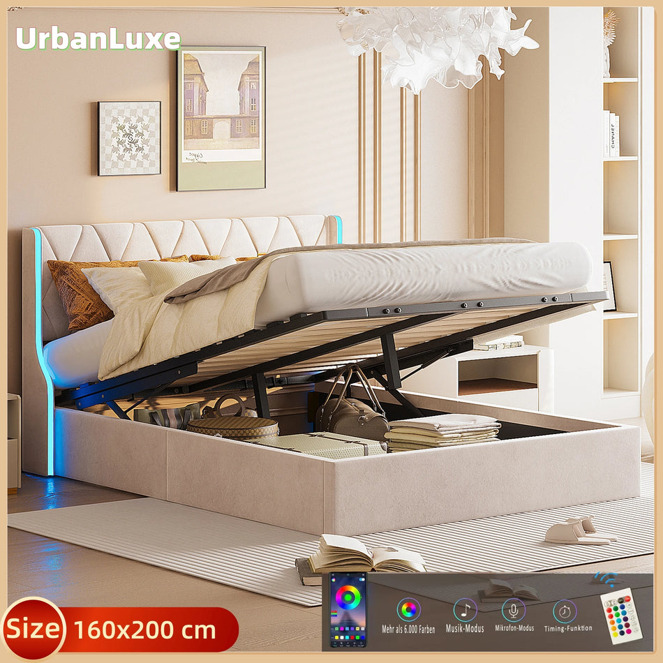 Urban Luxe 160x200 Cm Posteljni okvir z LED trakom Bež Shranjevanje