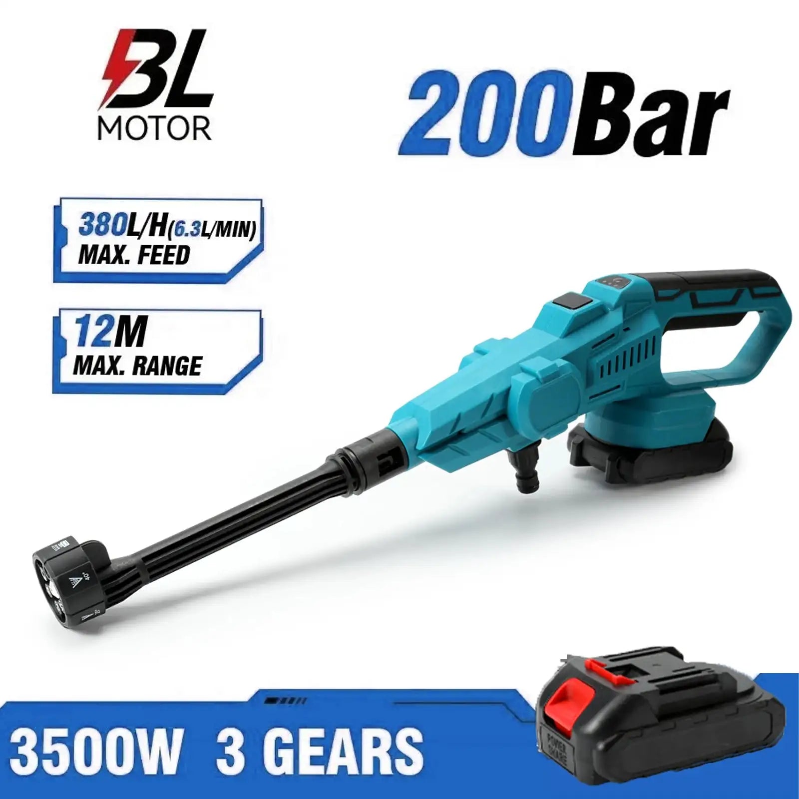 Cordless 200 Bar High Pressure Washer Car Wash Gun 3500W With 1&times;Battery / spain