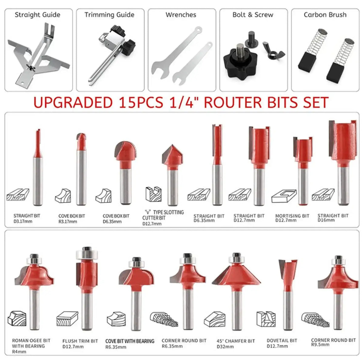 800W 30000RPM Wood Milling Router Bit Set One Quarter Inch