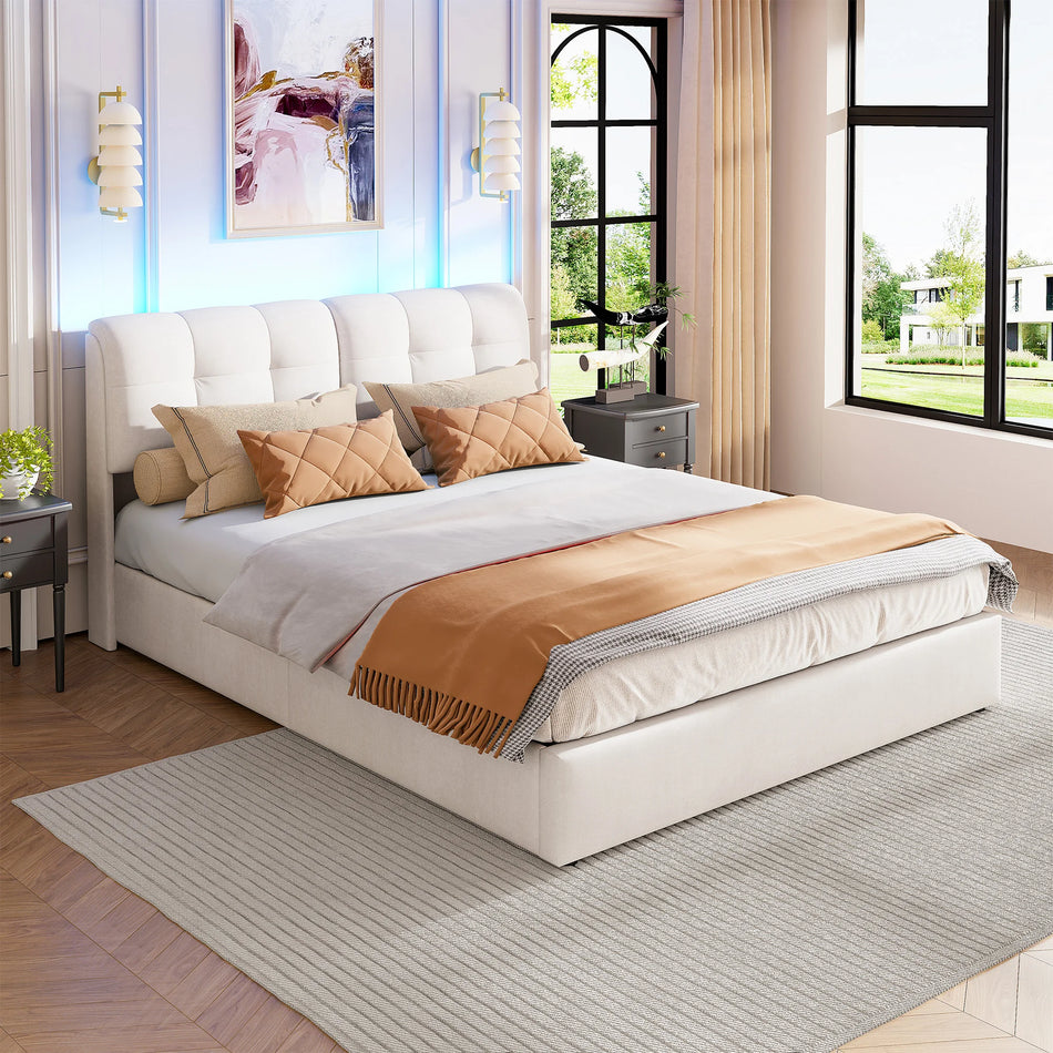 Urban Luxe Off White Velvet Postelja 140x200 S Shranjevanjem LED