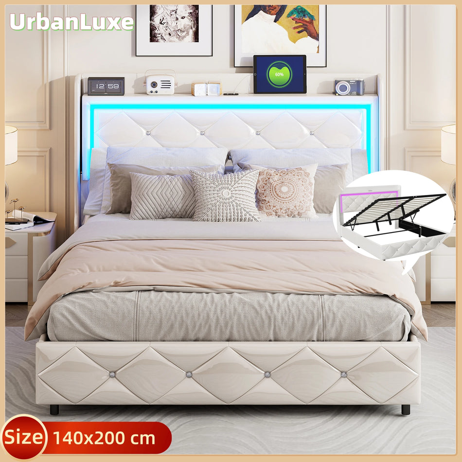 Urban Luxe Oblazinjena Postelja 140x200 LED Bar In Shranjevanje