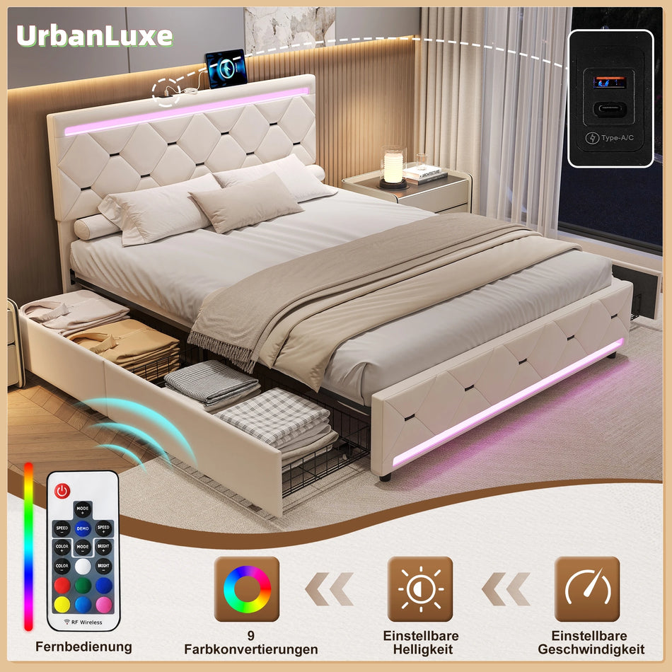 Urban Luxe Oblazinjeno Posteljo 140x200 LED Bar 4 Predali Shranjevanje
