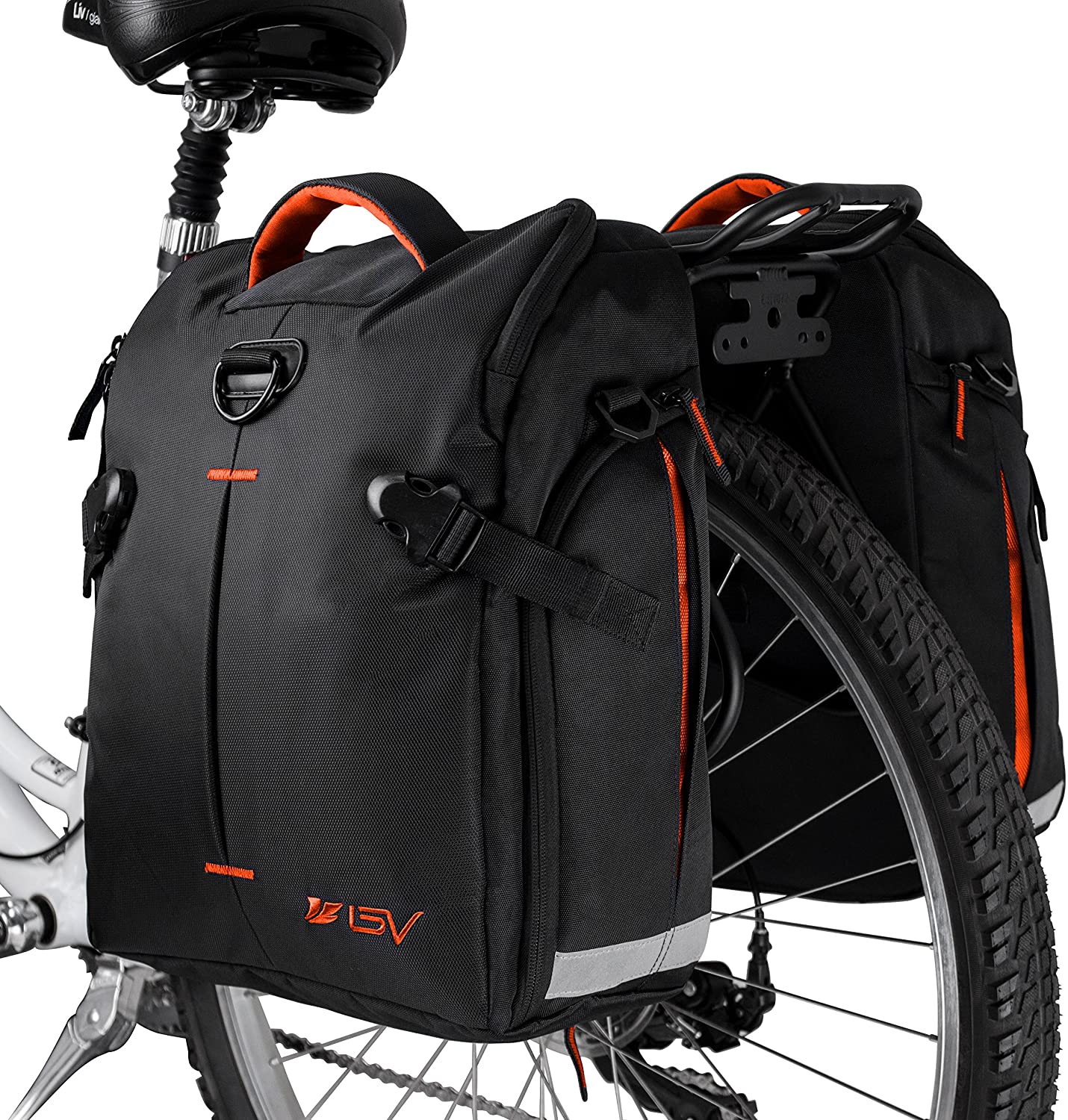 BV Bike Panniers Bags (Pair), Large Capacity, 14 L (each Pannier), Black With Detachable Shoulder Straps And All Weather Rain Covers (ORANGE)