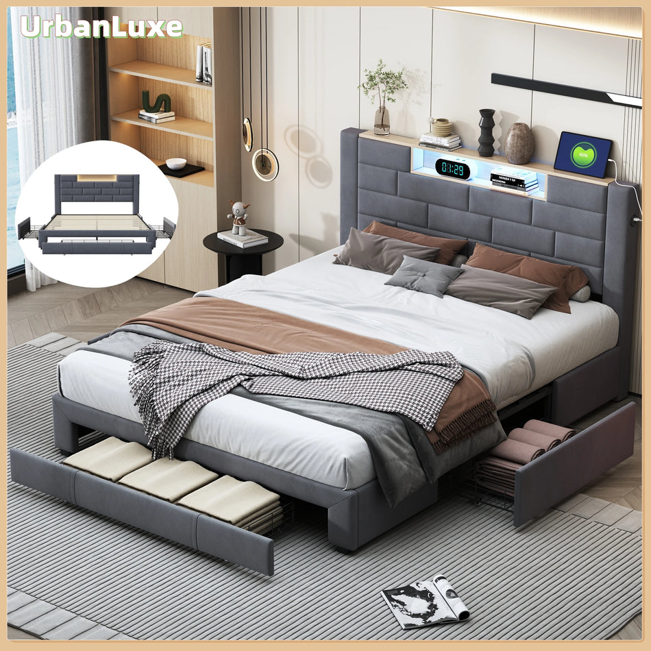 Urban Luxe Bed Rack 140x200 With Drawers And LED Gray Velvet
