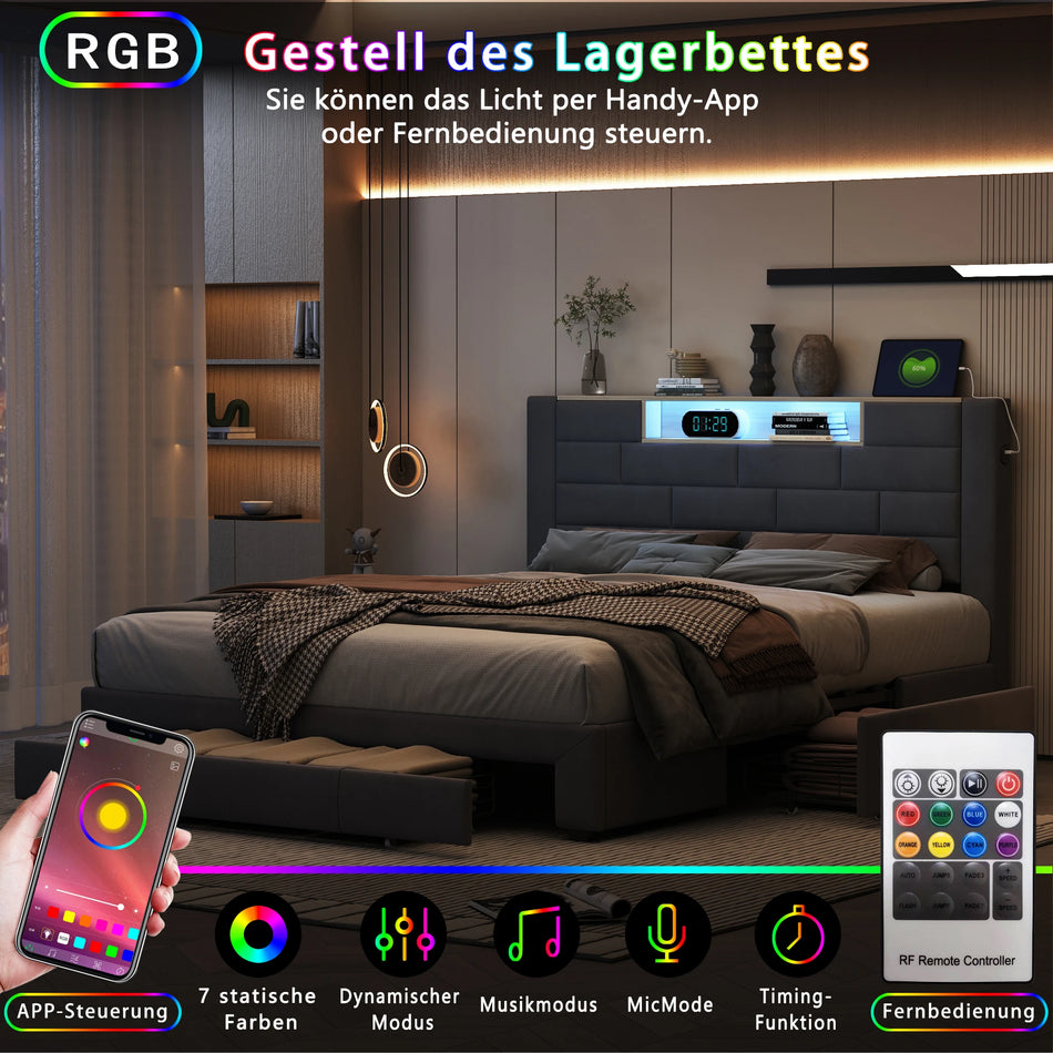 Urban Luxe Bed Rack 140x200 With Drawers And LED Gray Velvet