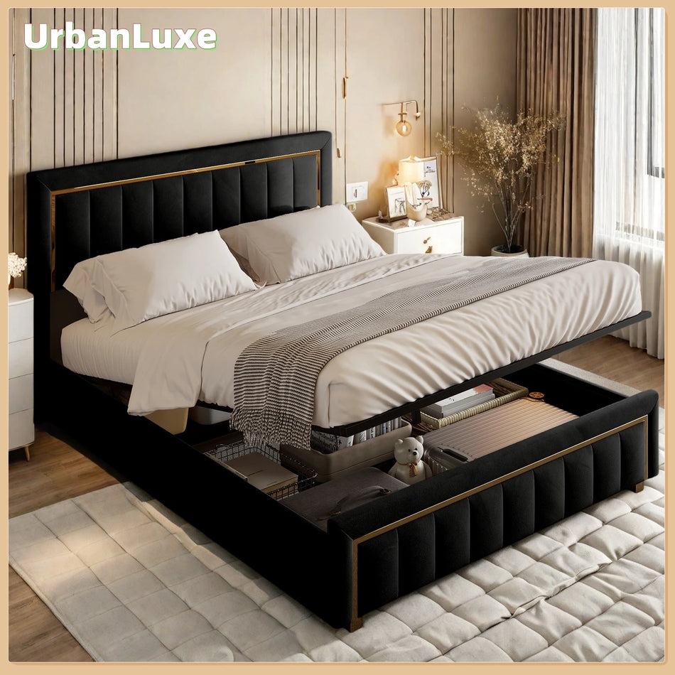 Urban Luxe Velvet Oblazinjeno Posteljo za Shranjevanje 140x200 Črna