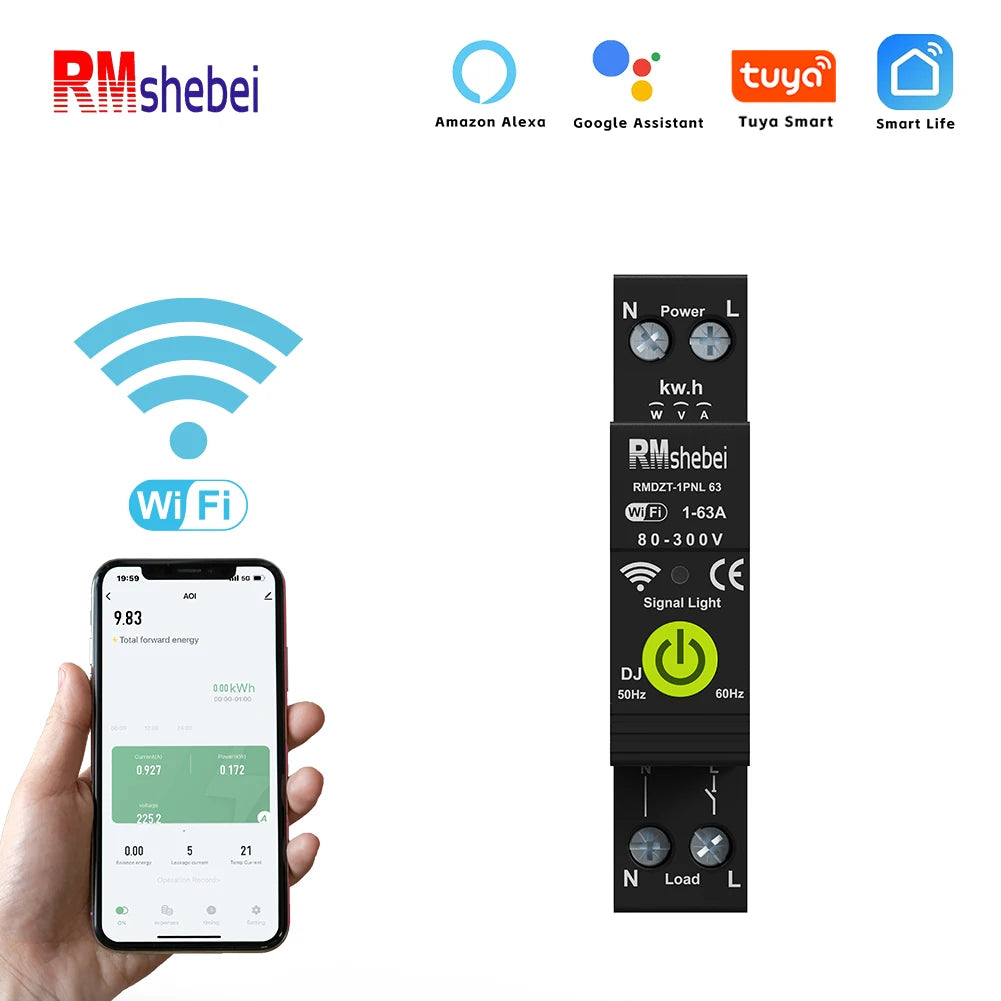 RMshebei Smart Circuit Breaker with Leakage Protection, 1-63A, WiFi Enabled
