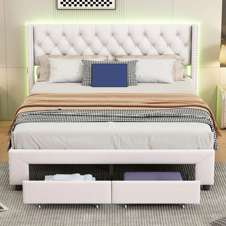 Urban Luxe 160x200 Bed Drawers USB Ports LED Light Velvet