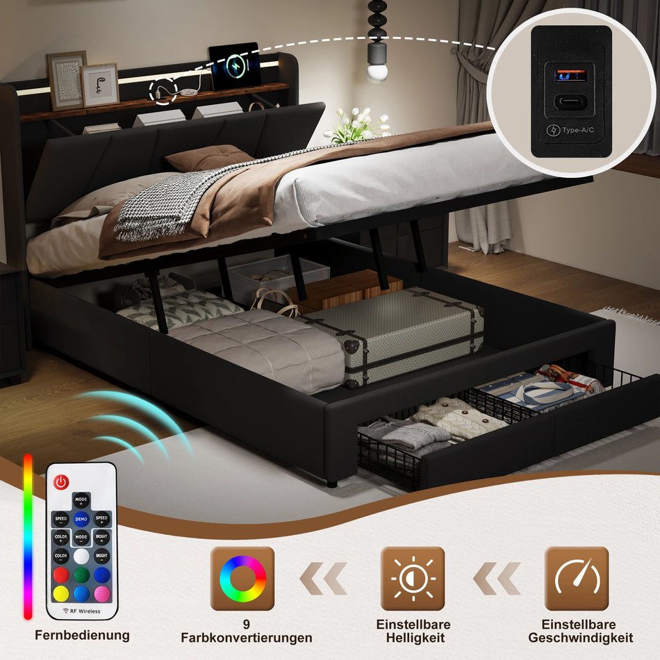 Urban Luxe Bed 140x190 cm With 2 Drawers LED Light Bar USB