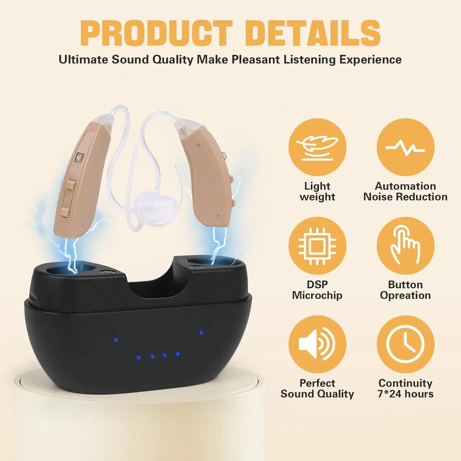 Aparat auditiv digital BTE reîncărcabil cu reducere a zgomotului pentru pierderea severă a auzului, cip îmbunătățit pentru un sunet mai clar