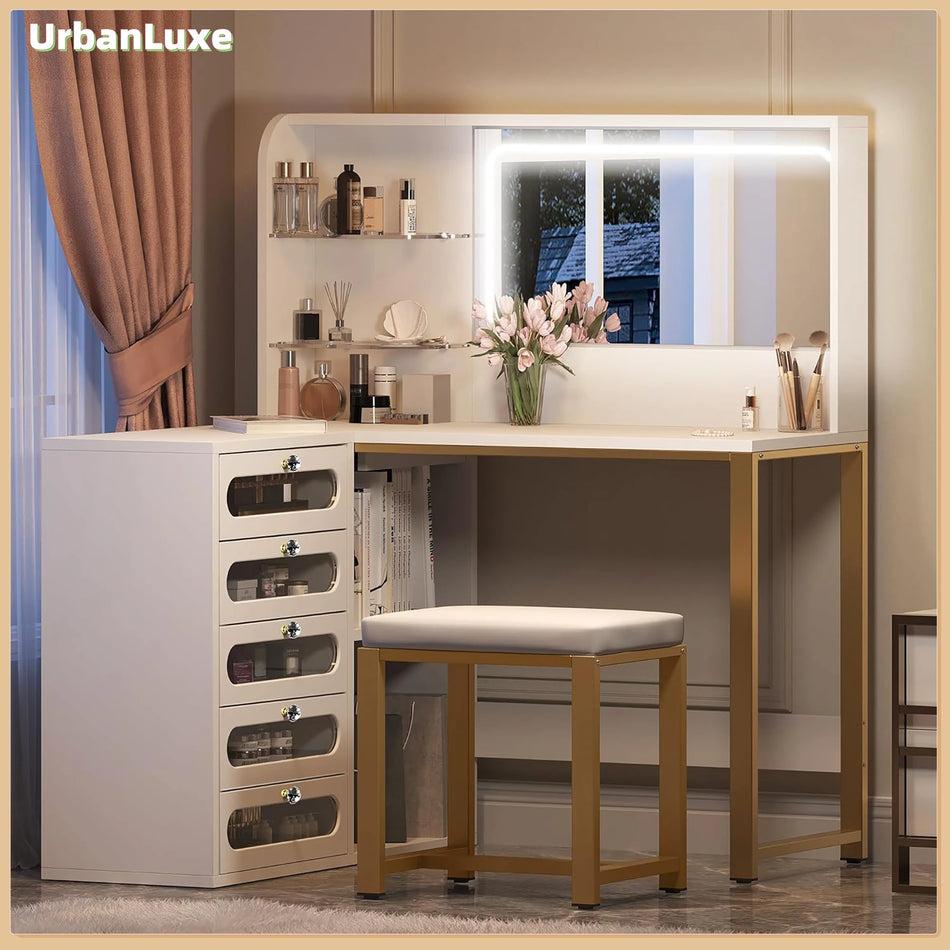 Kaupunkiluxe Valkoinen Meikkipöytä 5 Laatikoita Valoistuimella