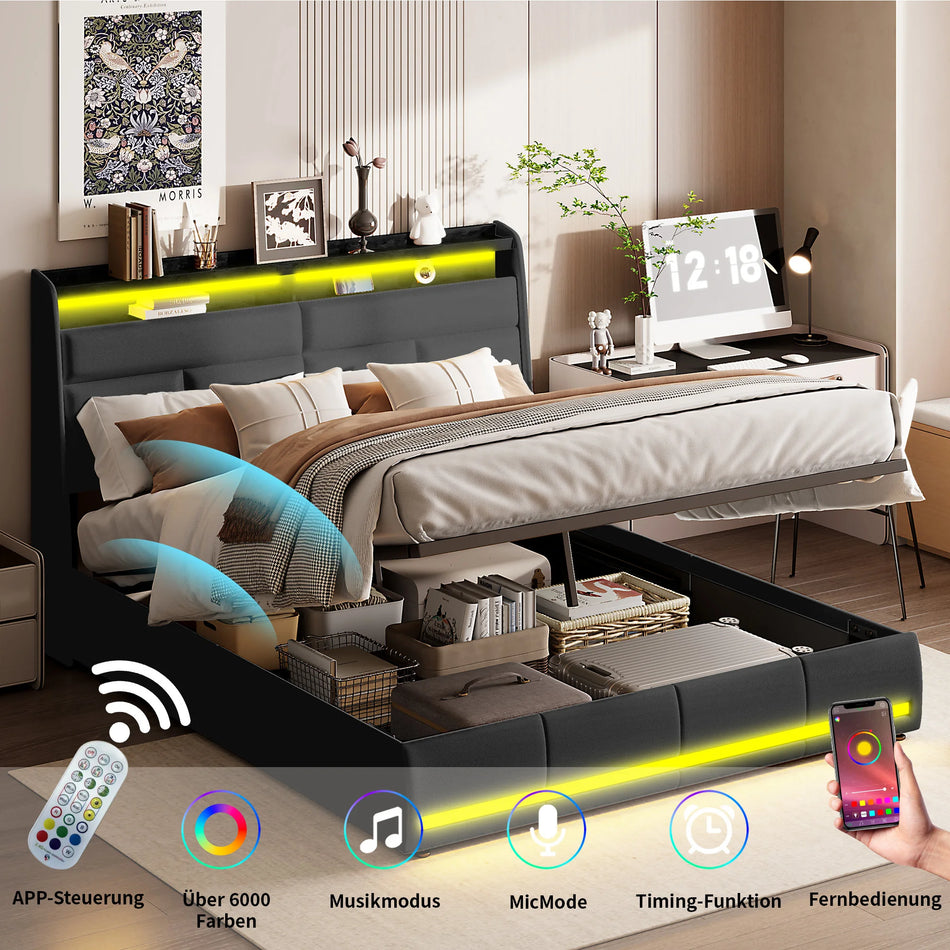 Urban Luxe Black PU Double Bed 140x200 With LED And Storage