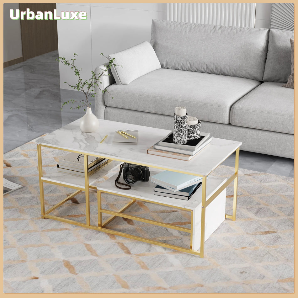 Urban Luxe White Marble Slab Coffee Table Gold Legs 105cm