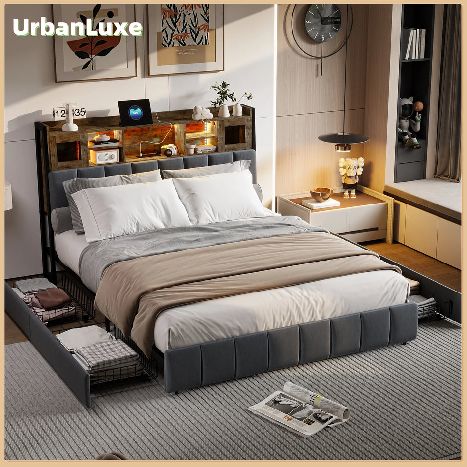 Urban Luxe Postelja 140x200 S Shranjevanjem 4 Predali LED Svetloba