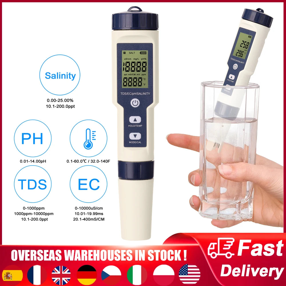5 in 1 Digital Water Quality Detector PH/EC/TDS/Salinity/Temperature ...