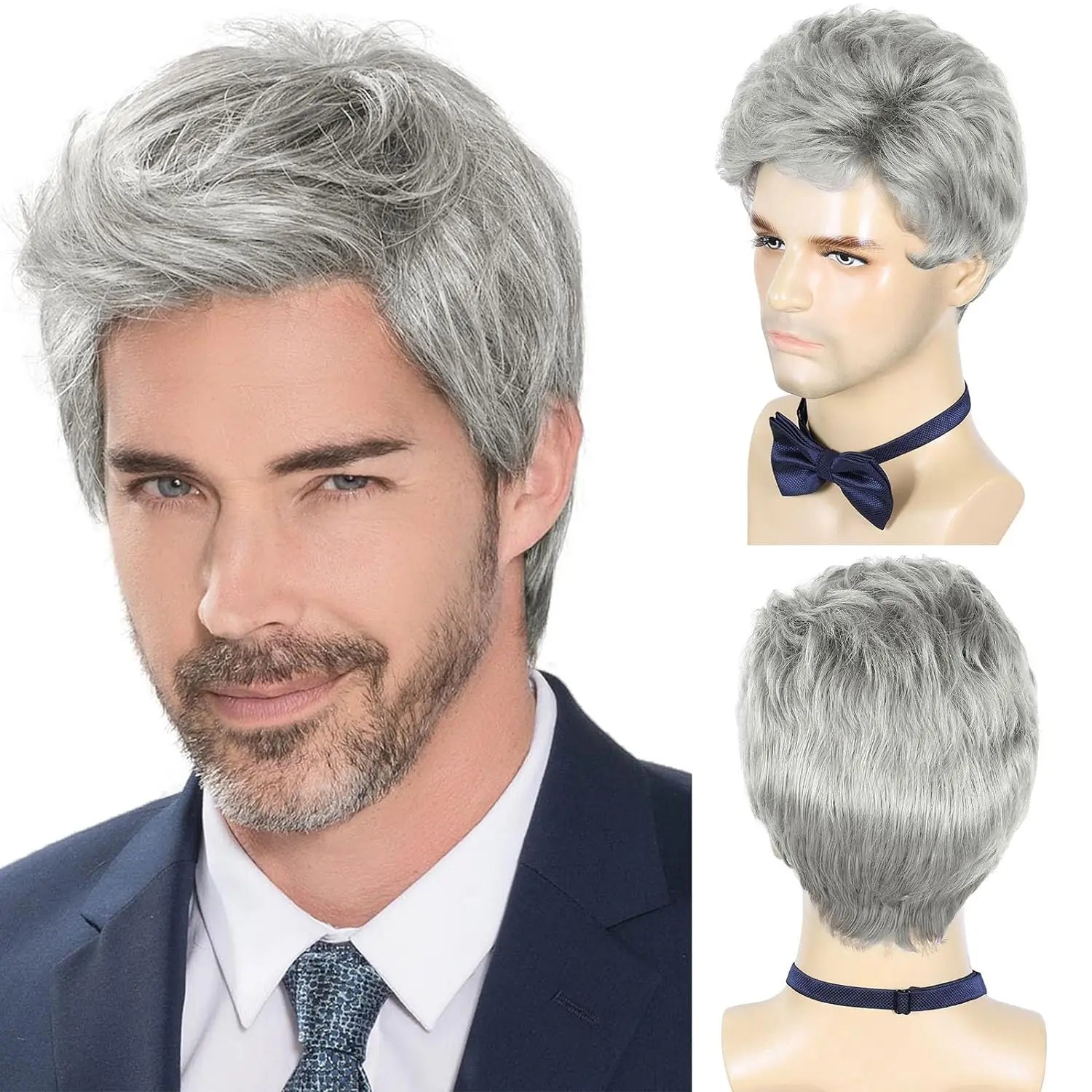 Short Silver Gray Synthetic Wig for Men - Heat Resistant Cosplay and Daily Use