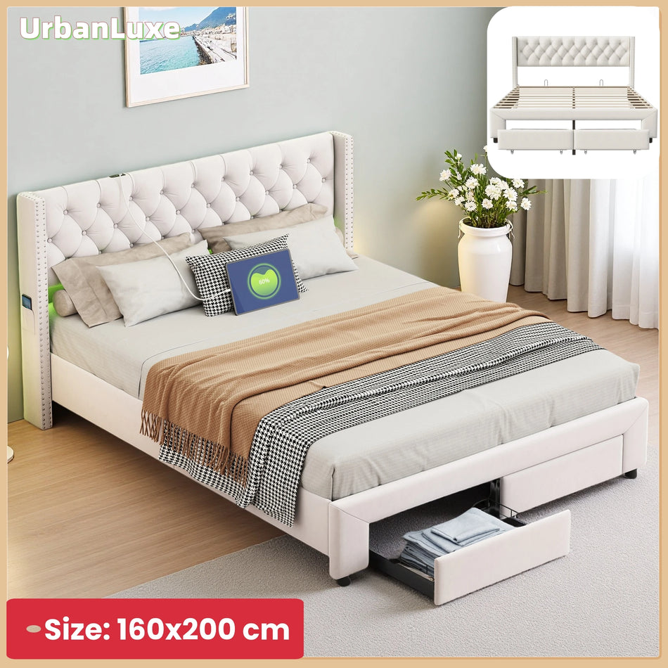Urban Luxe 160x200 Bed Drawers USB Ports LED Light Velvet