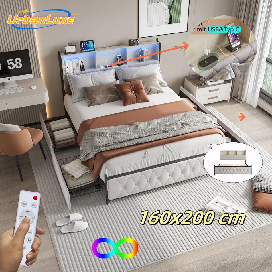Urban Luxe Double Bed 160x200 With Drawers LED USB Type C