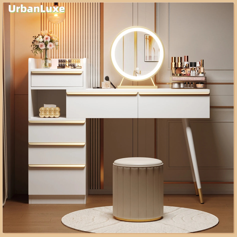 Kaupunkityylinen Meikkipöytä, jossa on Valaistus ja Kuusi Laatikoita
