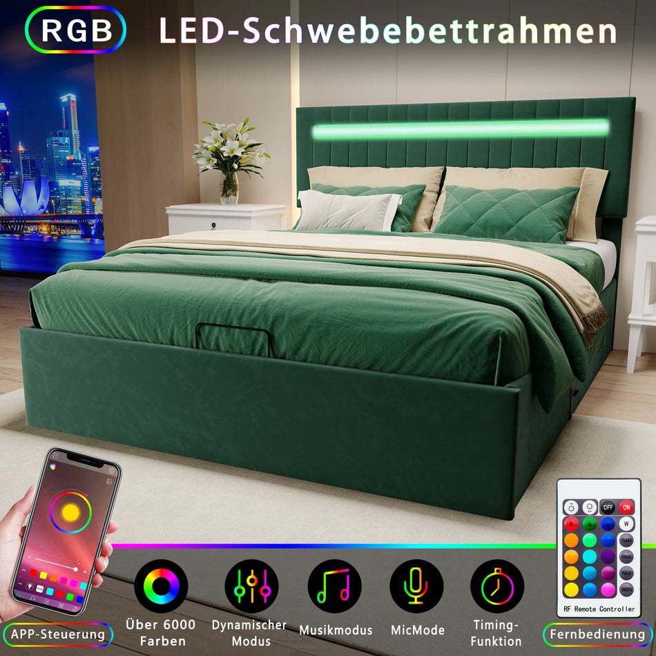 Urban Luxe Upholstery Bed 140x200 Green Velvet LED Storage