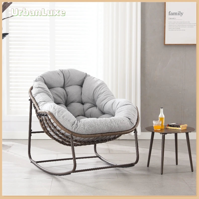 Miejski Luksus Szary Rattanowy Fotel Huśtawka z Tapicerowanym Oparciem