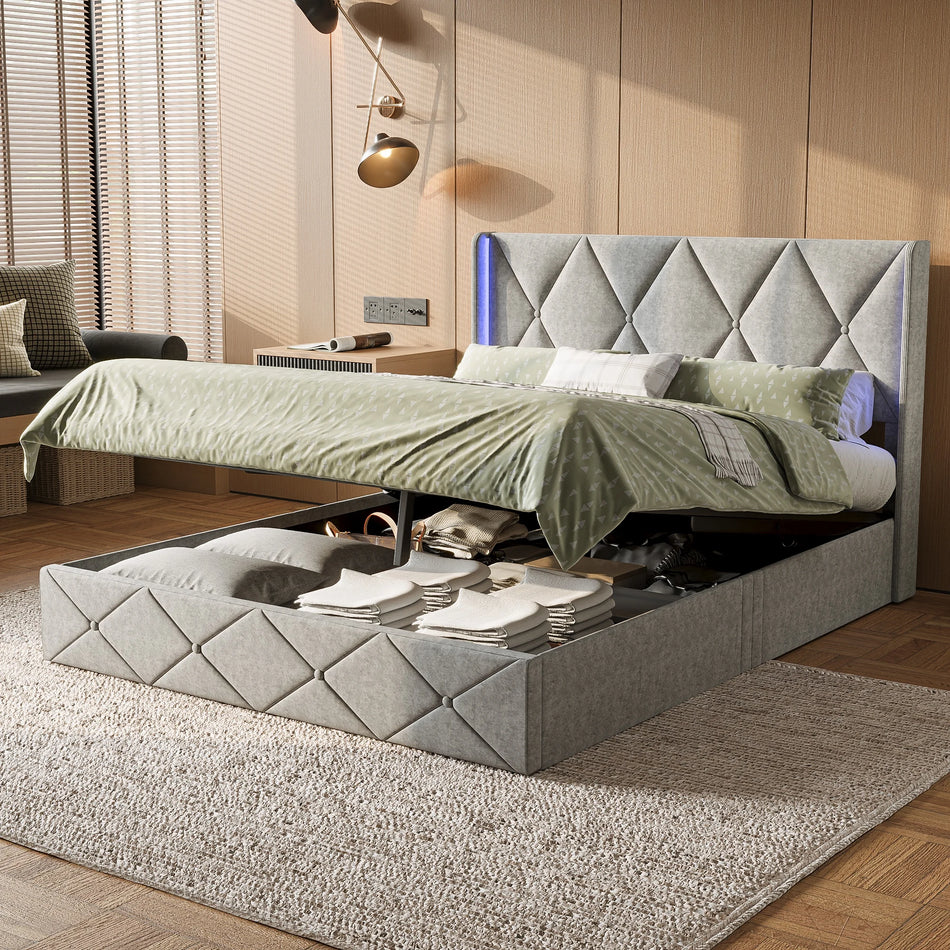 Urban Luxe 140x200 Postelja Z LED Trakom In Letvicami Za Shranjevanje