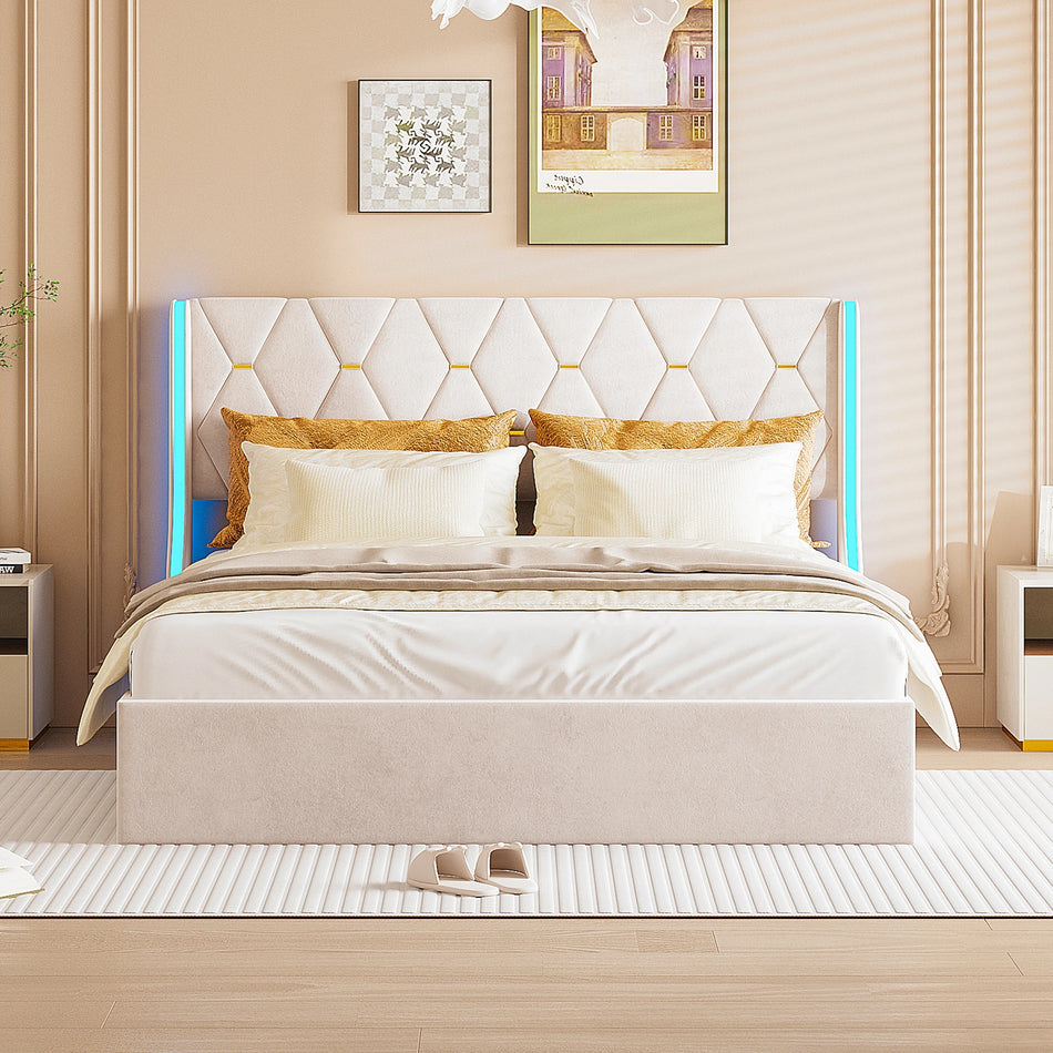 Urban Luxe Postelja 140x200 Velvet Bež Z Shranjevanjem LED