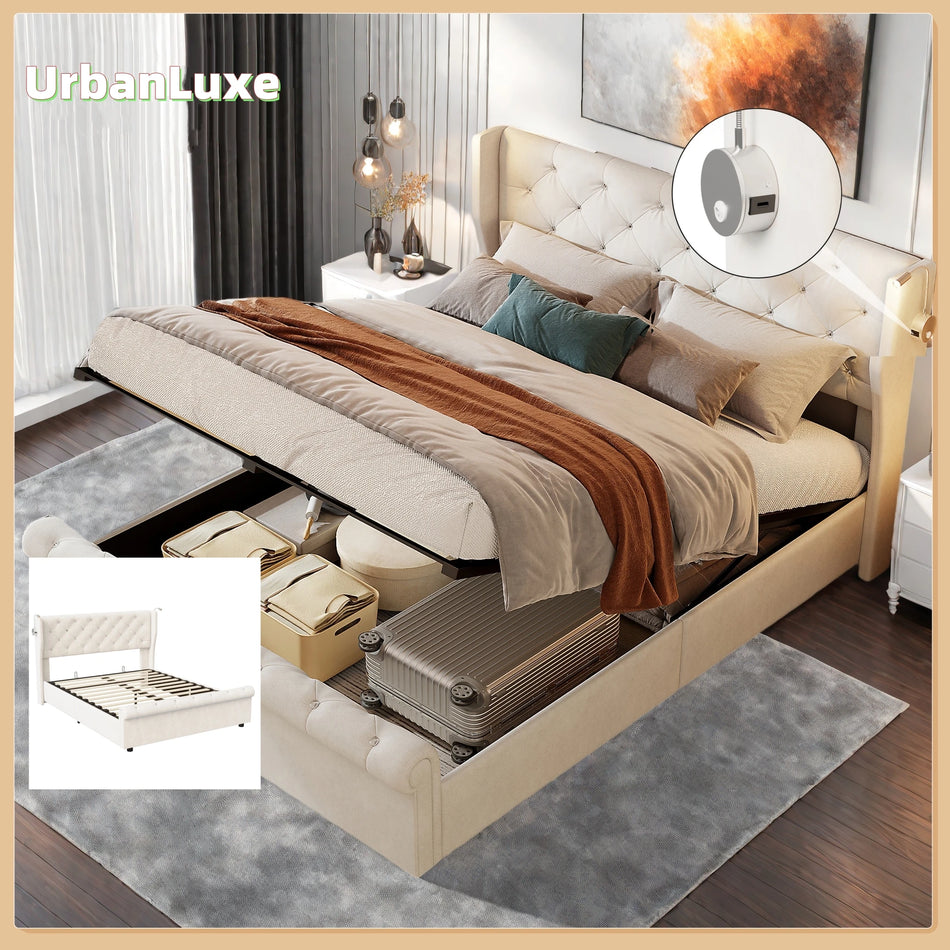 Urban Luxe Upholstery Bed 160x200 Velvet Beige USB Charger