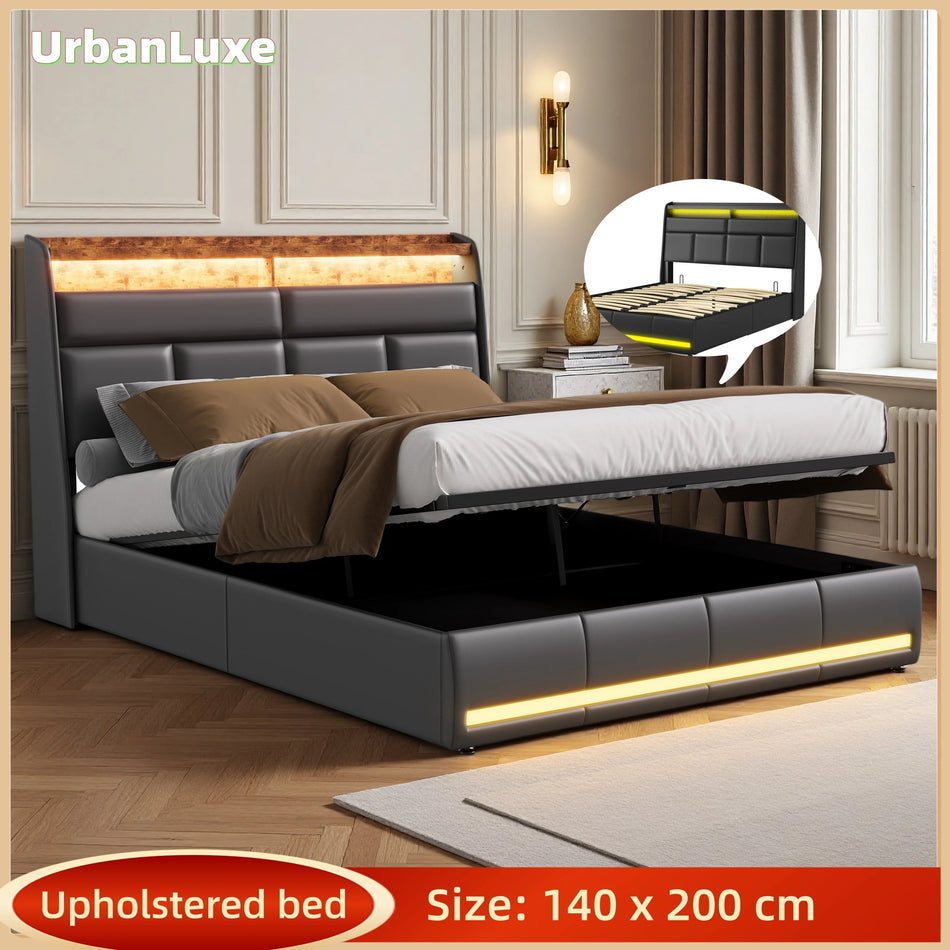 Urban Luxe Black PU Double Bed 140x200 With LED And Storage
