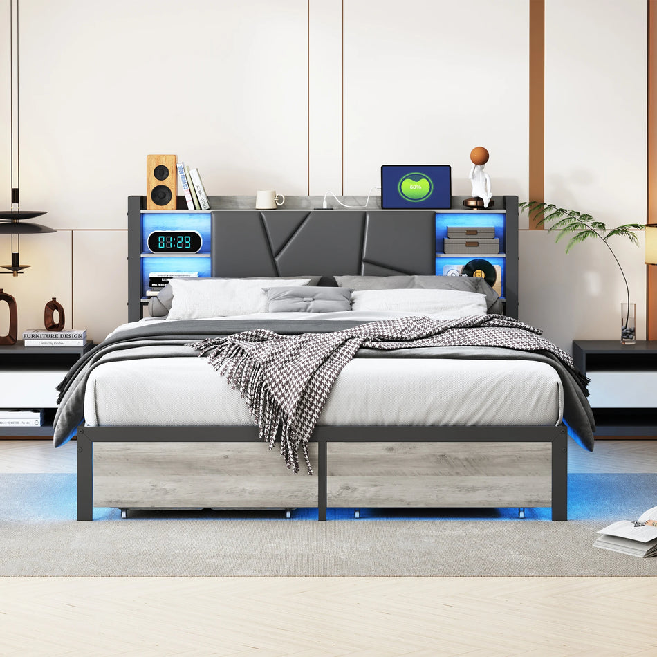 Urban Luxe 160x200 Double Bed 2 Drawers Led Lights Black