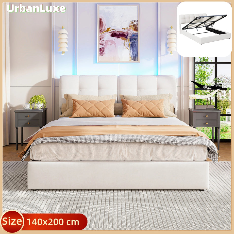 Urban Luxe Off White Velvet Postelja 140x200 S Shranjevanjem LED