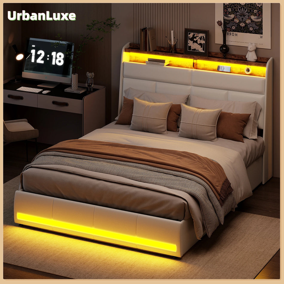 Urban Luxe 140x200 Postelja S Shranjevanjem In LED Svetlobo Bež PU