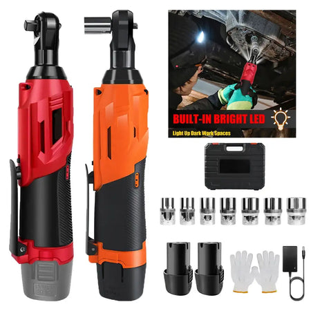 12V Cordless Ratchet Wrench 200Nm 7 Socket Set 2 Batteries