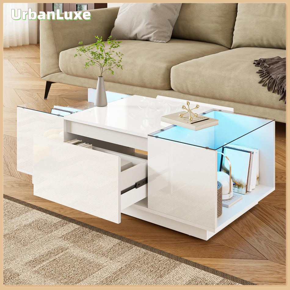 Urban Luxe White Coffee Table With 2 Drawers LED Lighting