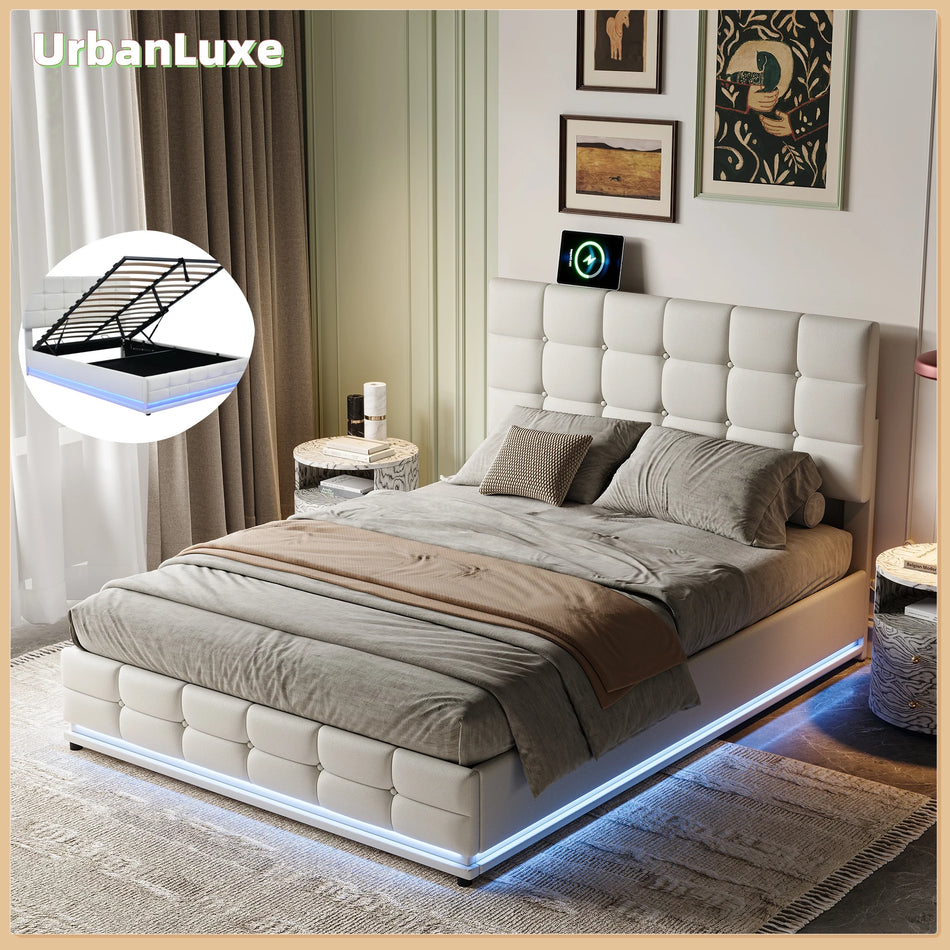 Urban Luxe Leather White 140x200 Slatted Bed Frame With LED