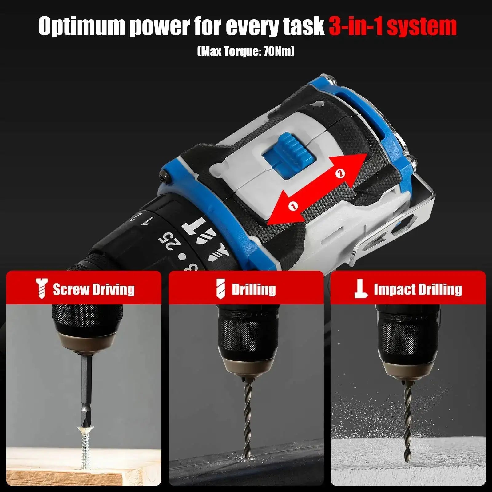 Brushless Cordless Drill ThreeIn1 With Light 70Nm TwoSpeed