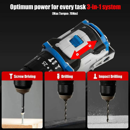 Brushless Cordless Drill ThreeIn1 With Light 70Nm TwoSpeed