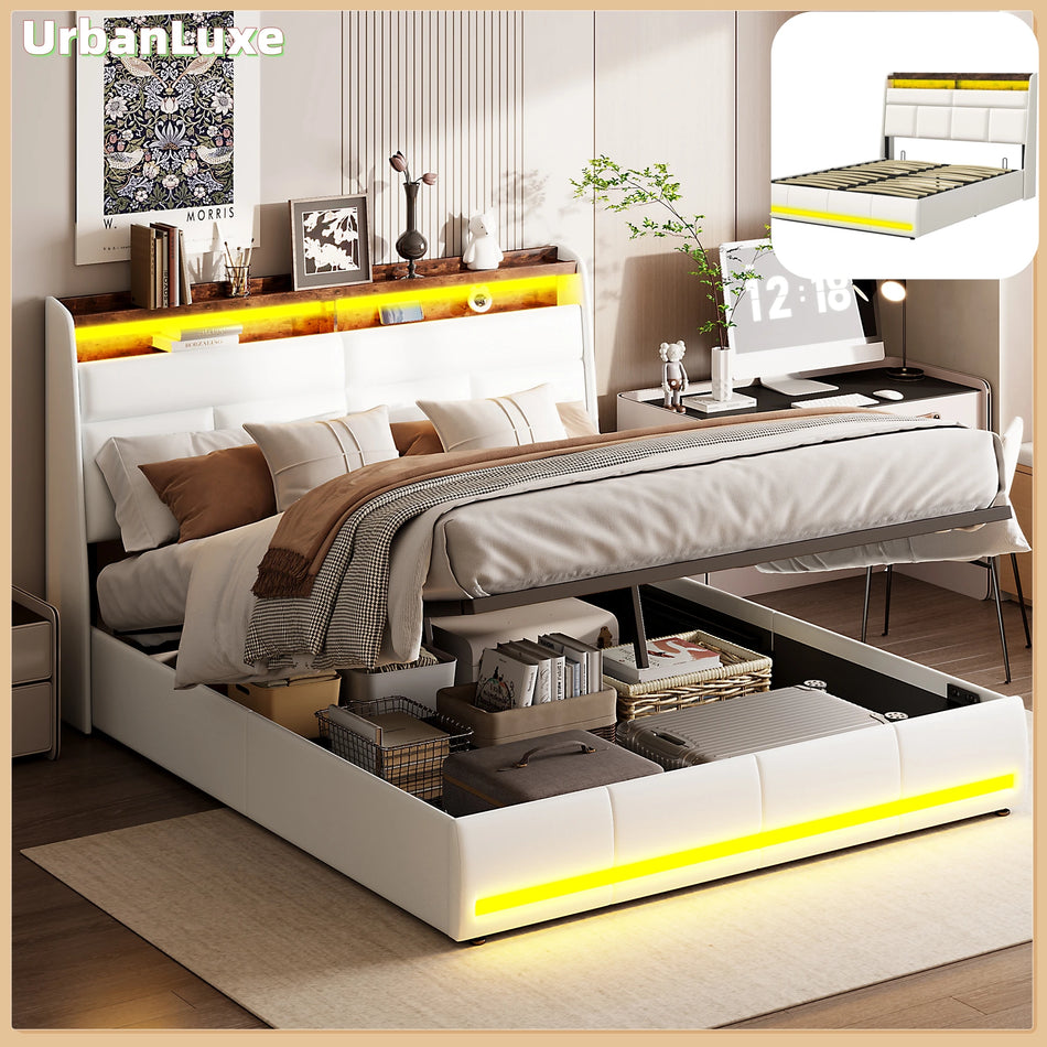 Urban Luxe 160x200 Postelja Z LED Lučmi In Shranjevanjem PU Bež