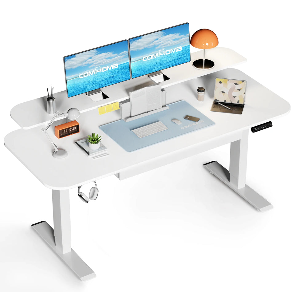 Comhoma Height Adjustable Monitor Stand White Tablet Drawer