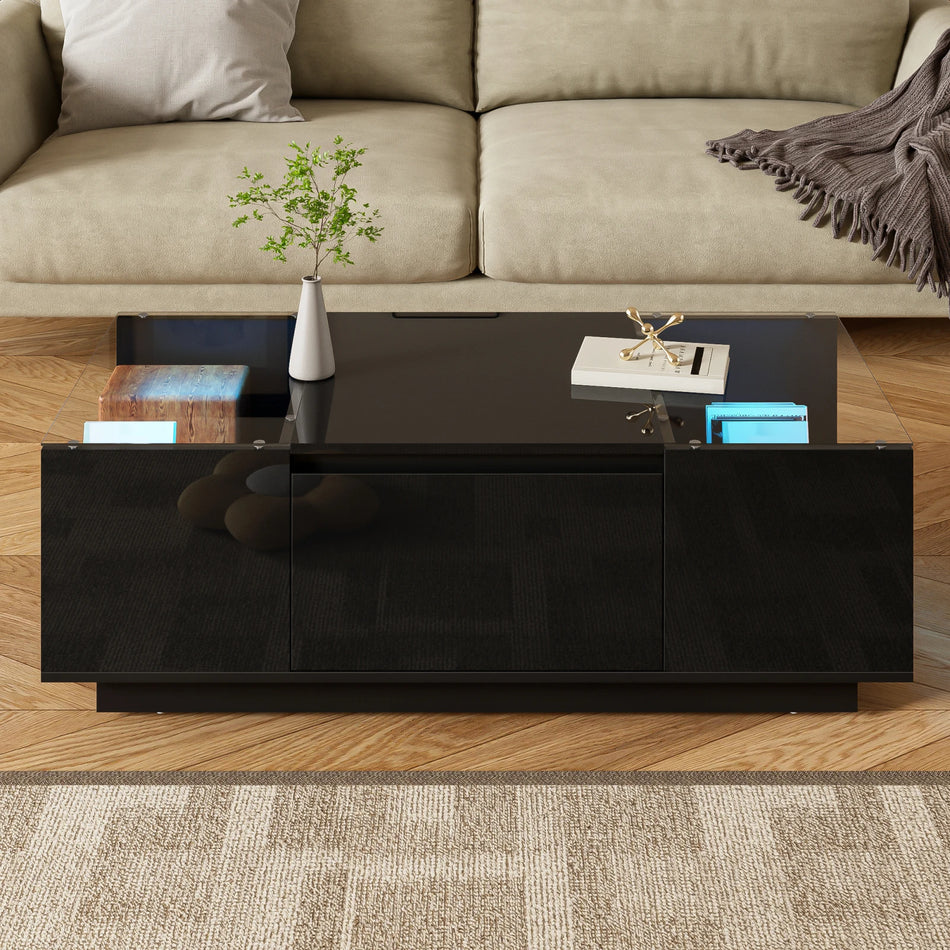 Urban Luxe Black Leather Coffee Table With 2 Drawers LED