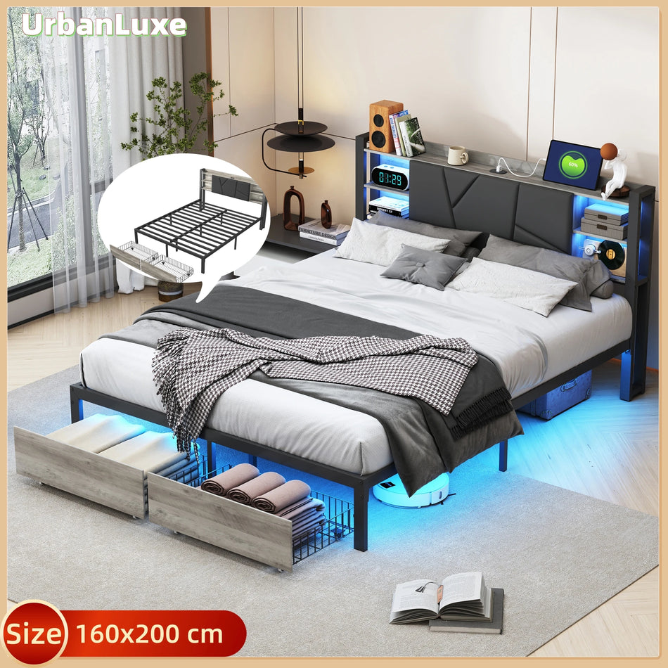 Urban Luxe 160x200 Double Bed 2 Drawers Led Lights Black