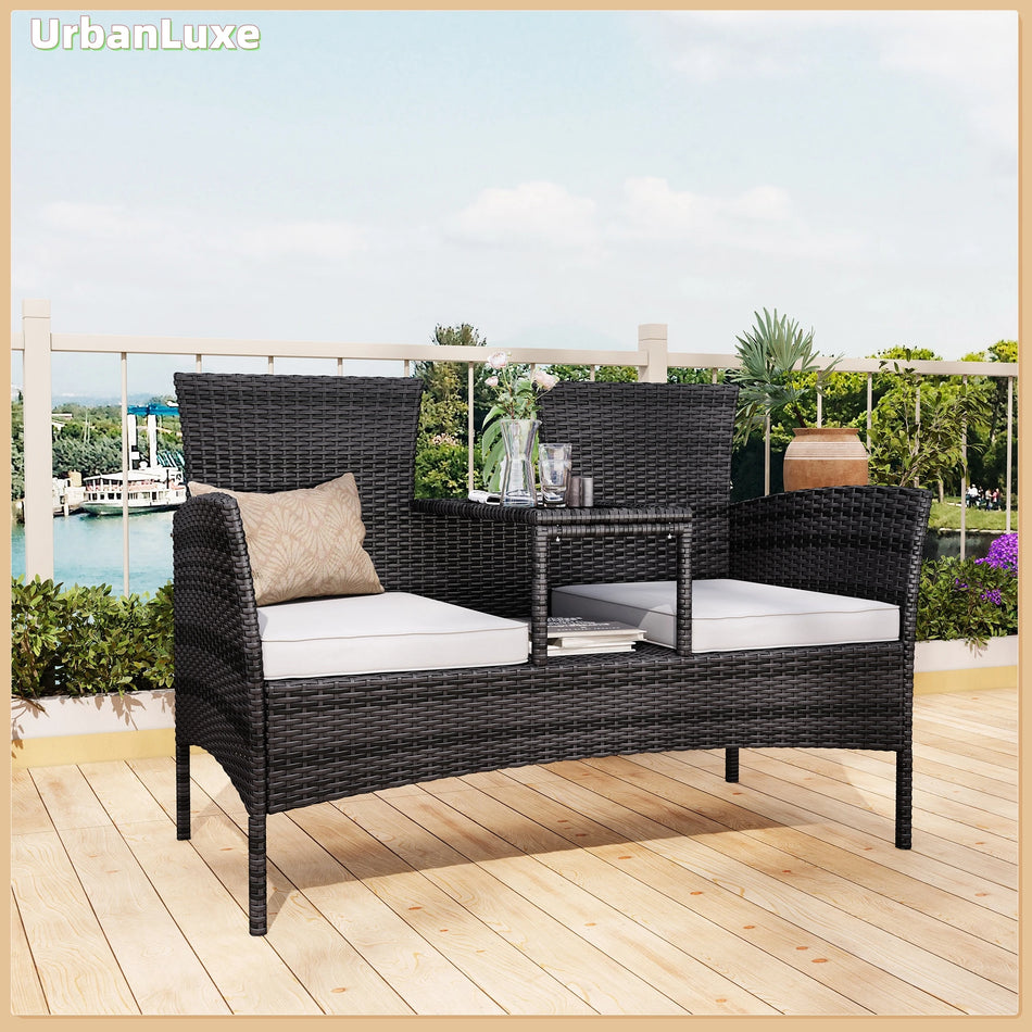Urban Luxe White Cushioned Outdoor Sofa With Rattan Table